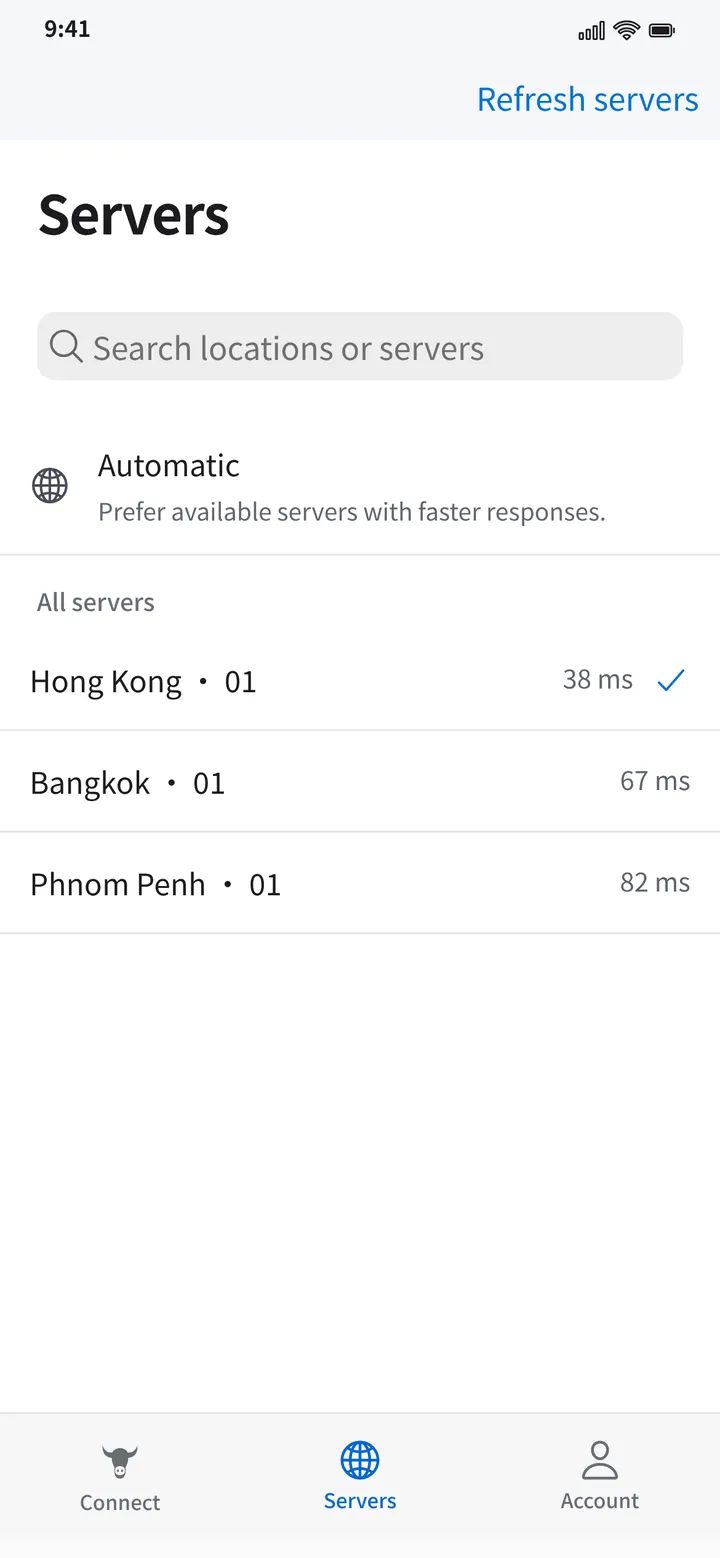 Interface preview: Xiaoniu VPN route list